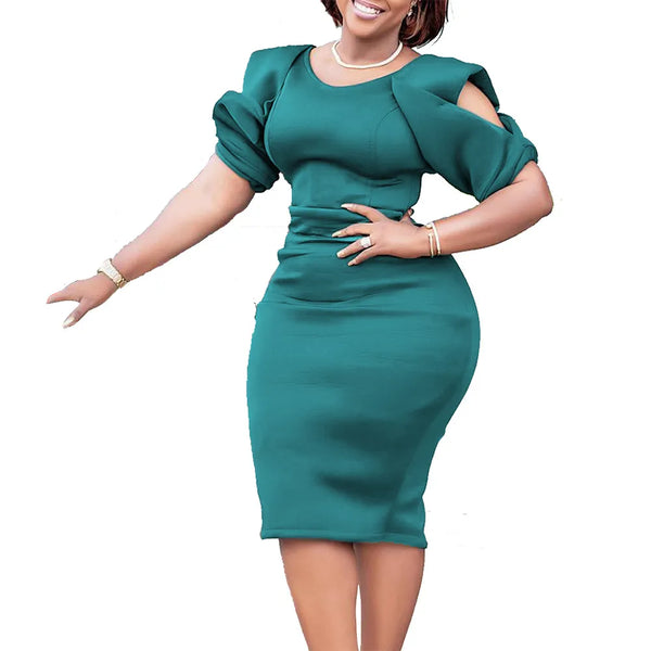 Plus Size Puff Sleeve Dress for Fall - Knee-Length O-Neck Style
