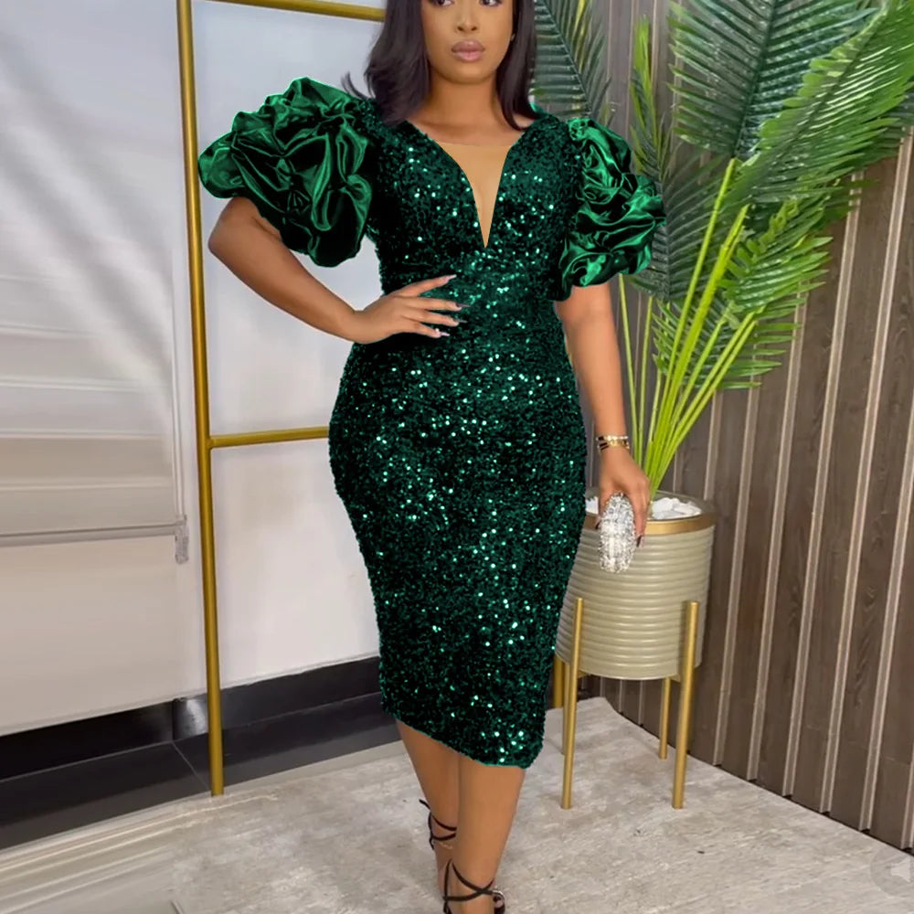 Puff-Sleeve Vintage Plus-Size Dress - Sequin Velvet Party Dress