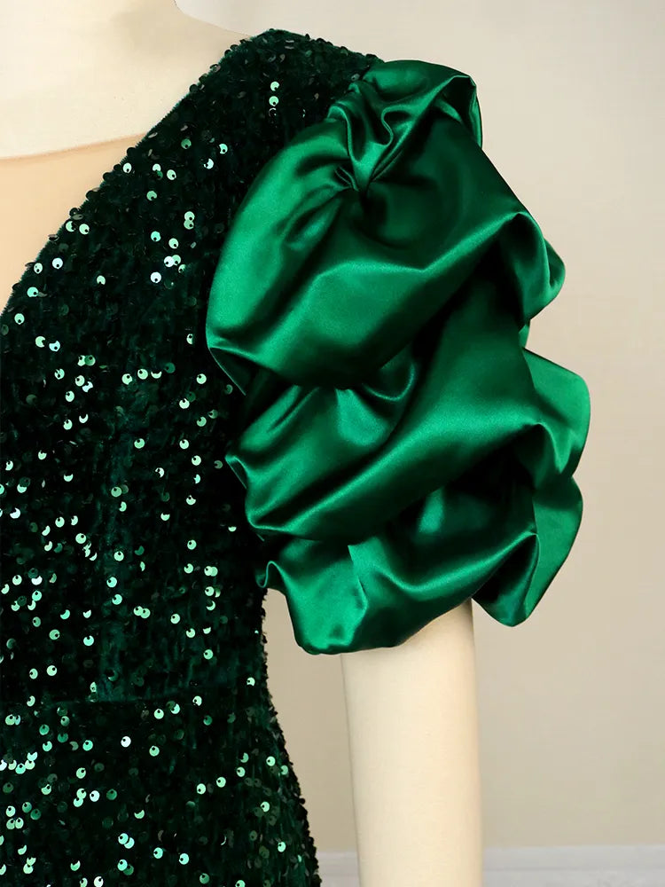 Puff-Sleeve Vintage Plus-Size Dress - Sequin Velvet Party Dress