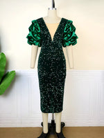 Puff-Sleeve Vintage Plus-Size Dress - Sequin Velvet Party Dress