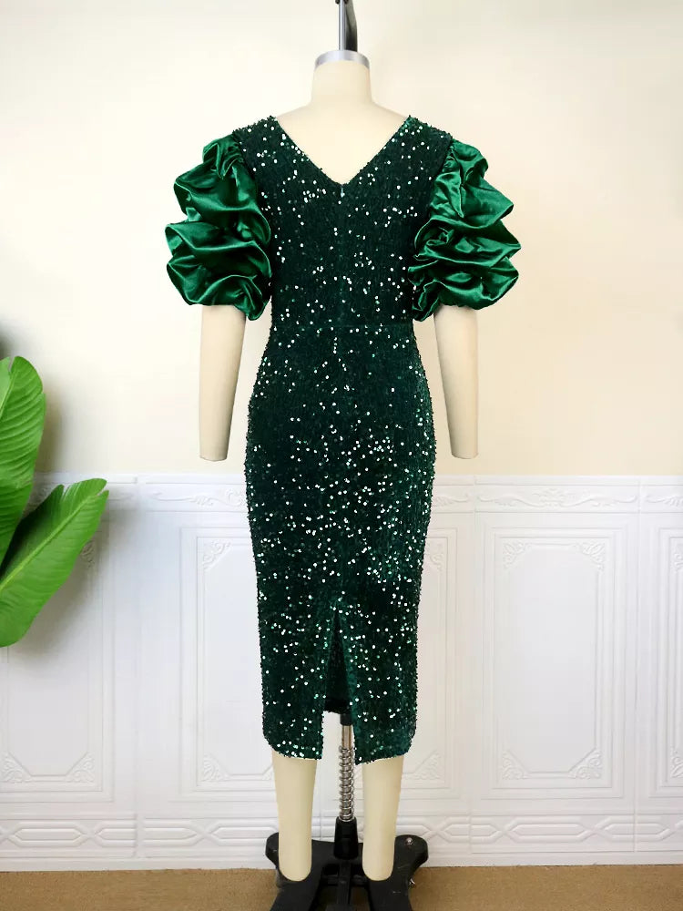 Puff-Sleeve Vintage Plus-Size Dress - Sequin Velvet Party Dress