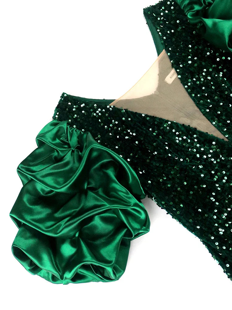 Puff-Sleeve Vintage Plus-Size Dress - Sequin Velvet Party Dress