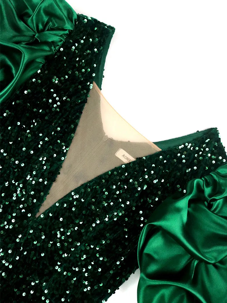 Puff-Sleeve Vintage Plus-Size Dress - Sequin Velvet Party Dress