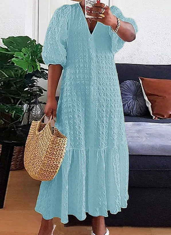 Plus Size V-Neck Maxi Dress - Chic, Modern Style with Puff Sleeves