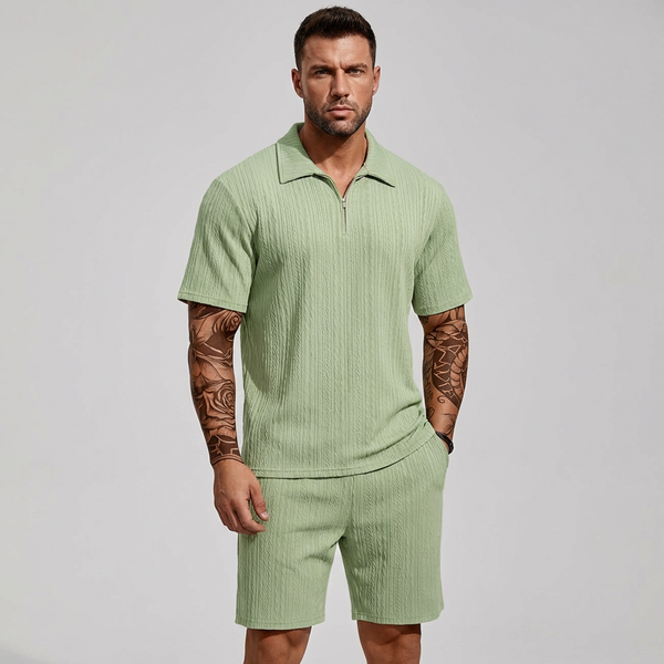 Men's 2-Piece Casual Set - Quarter-Zip Polo & Shorts