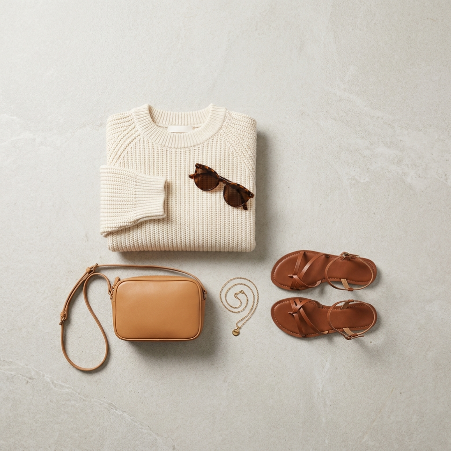 Fashion flat-lay - sweater, sunglasses, crossbody bag, sandals, necklace