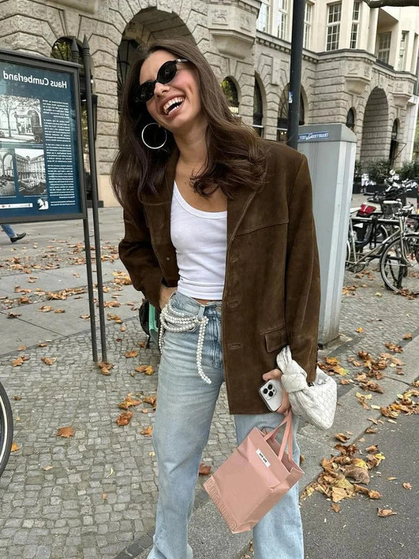 Brown Suede Jacket for Women - Long Sleeve with Pockets