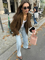 Brown Suede Jacket for Women - Long Sleeve with Pockets