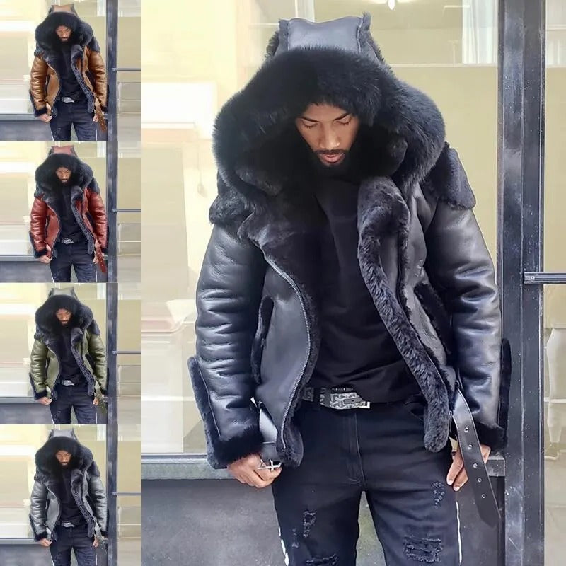 Men's Sheepskin-Style Leather Jacket - Windproof Winter Motorcycle Coat