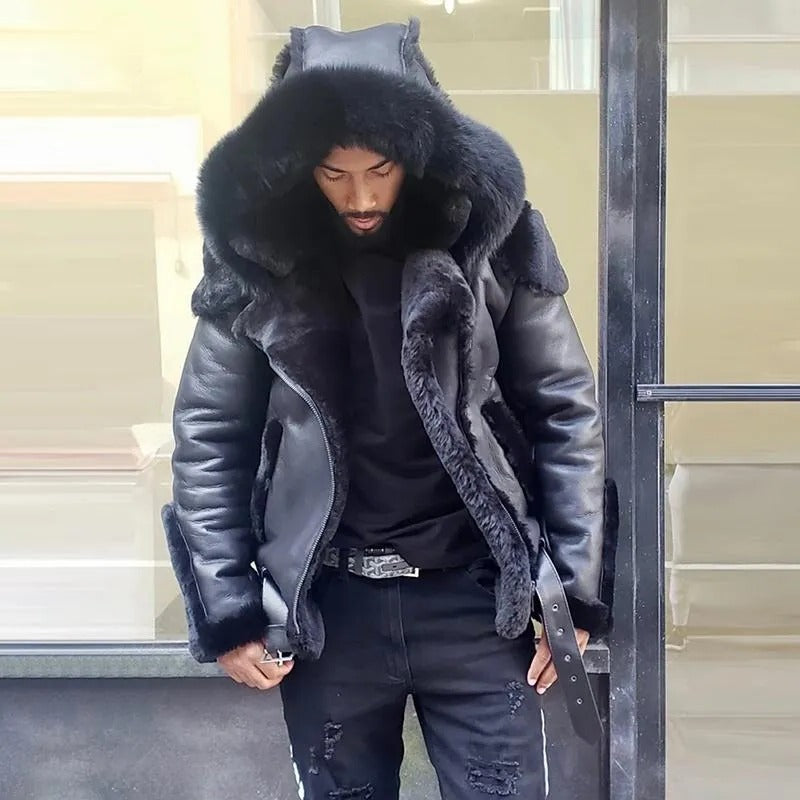 Men's Sheepskin-Style Leather Jacket - Windproof Winter Motorcycle Coat