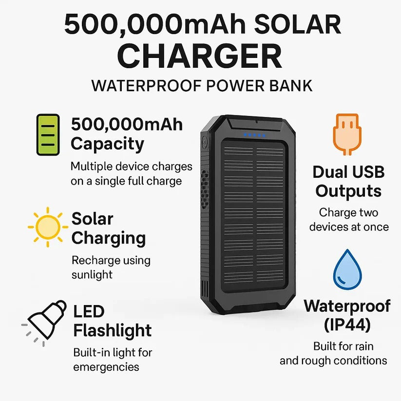 Solar Power Bank - Waterproof Dual USB Charger with LED Light