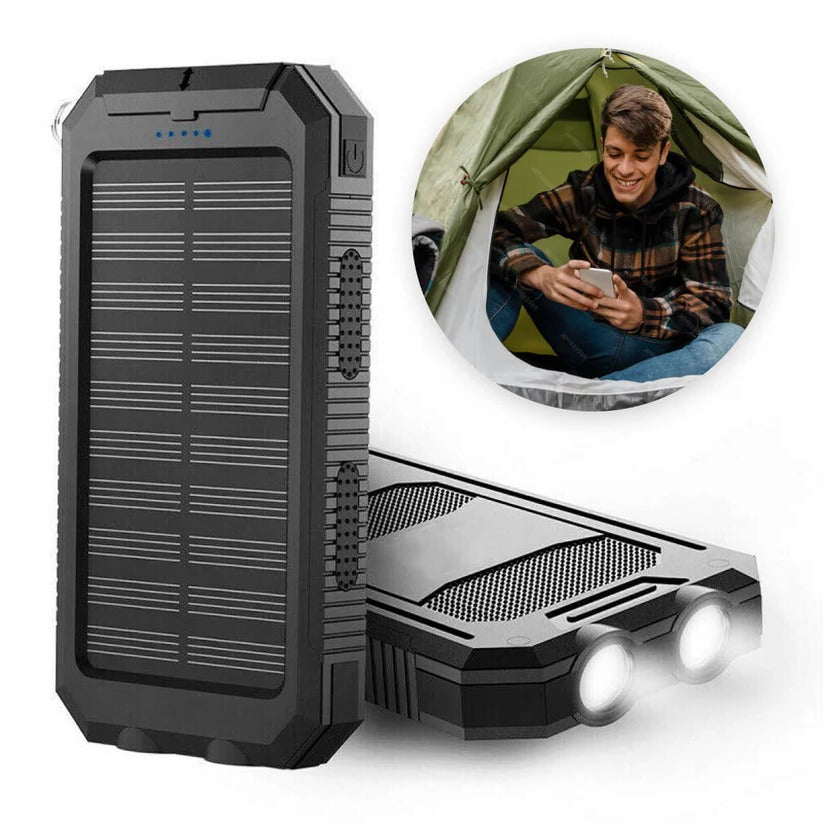 Solar Power Bank - Waterproof Dual USB Charger with LED Light