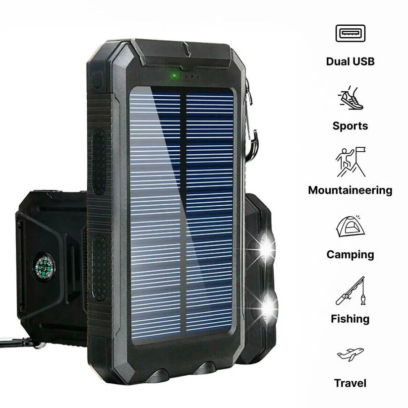Solar Power Bank - Waterproof Dual USB Charger with LED Light