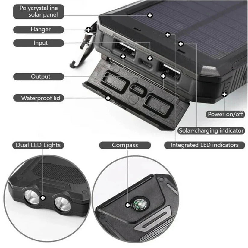 Solar Power Bank - Waterproof Dual USB Charger with LED Light