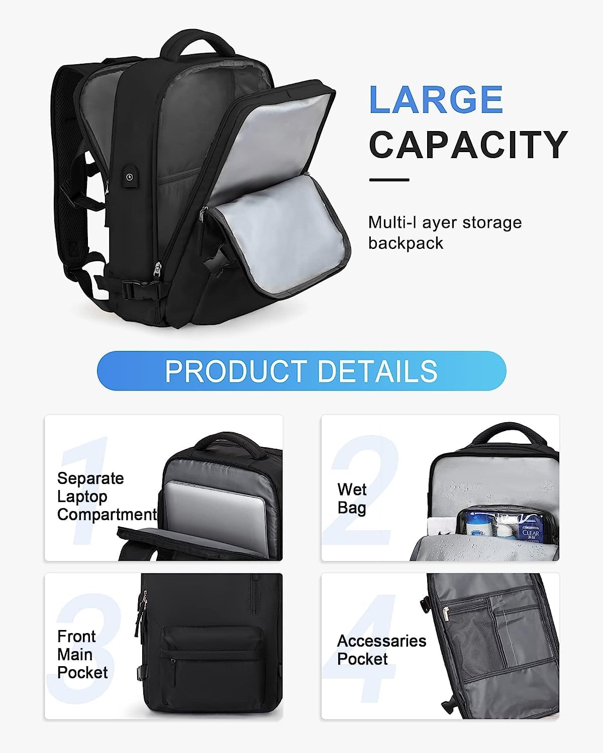40L Waterproof Travel Backpack - USB Charging & Shoe Compartment
