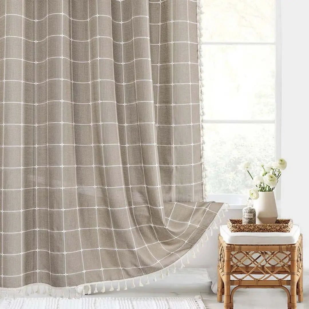 LinenCove Boho Linen Shower Curtain - Waterproof with Tassels