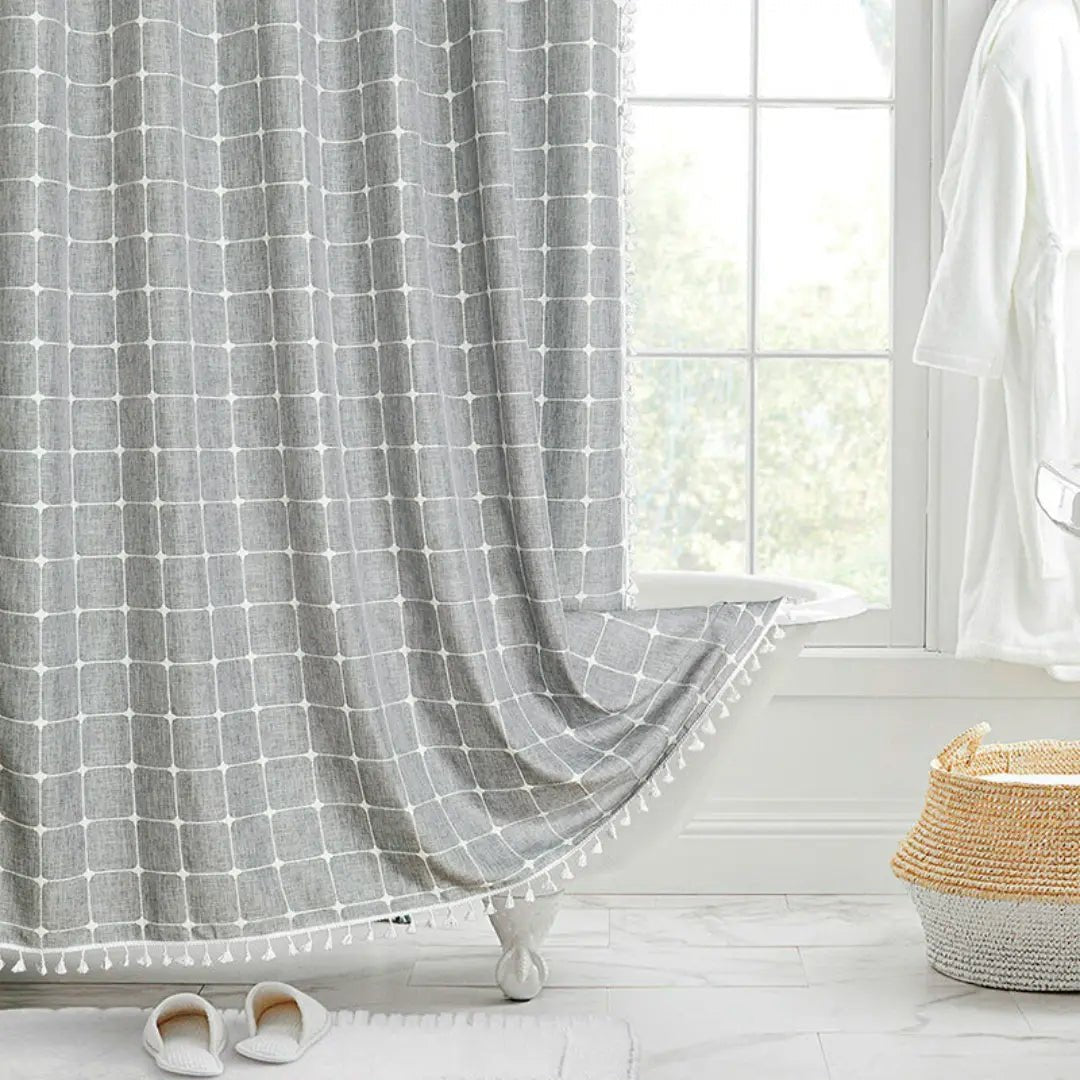 LinenCove Boho Linen Shower Curtain - Waterproof with Tassels