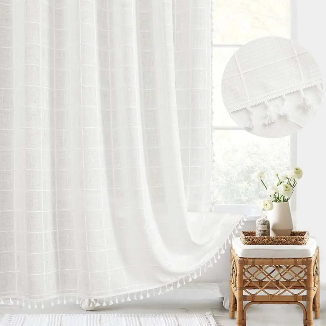 LinenCove Boho Linen Shower Curtain - Waterproof with Tassels