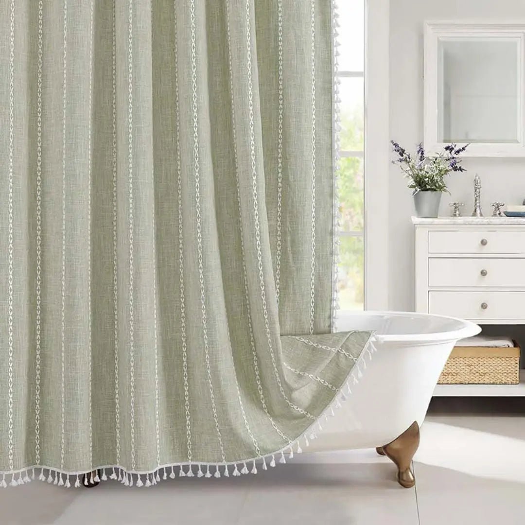 LinenCove Boho Linen Shower Curtain - Waterproof with Tassels