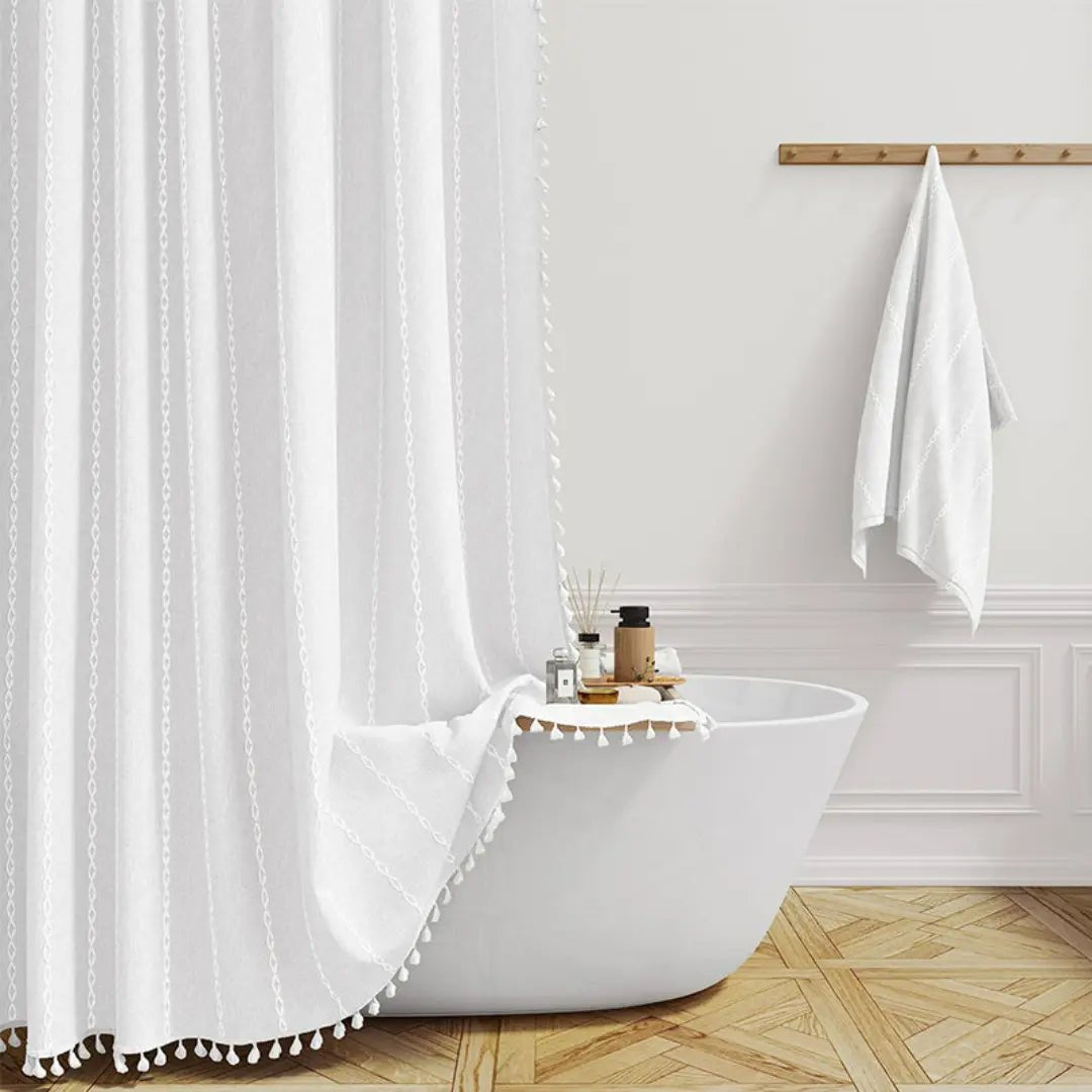 LinenCove Boho Linen Shower Curtain - Waterproof with Tassels