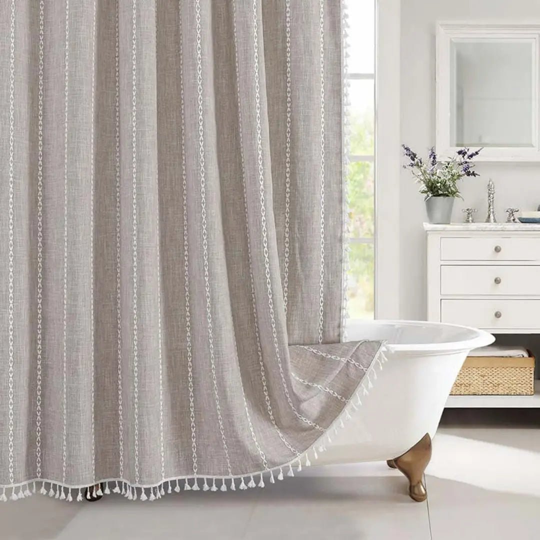LinenCove Boho Linen Shower Curtain - Waterproof with Tassels