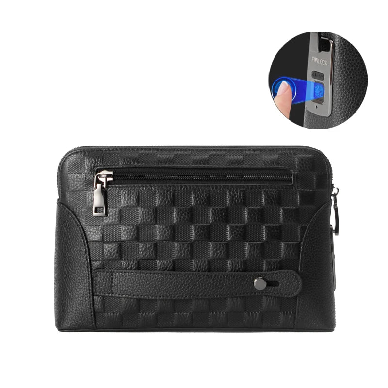 Men's Anti-Theft Leather Clutch - Fingerprint Lock Wallet Bag