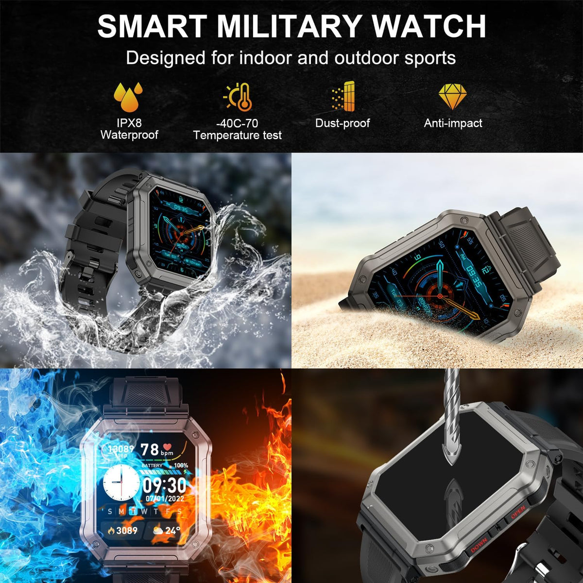 Wayne Military Smartwatch for Men - Fitness Tracker with Calls