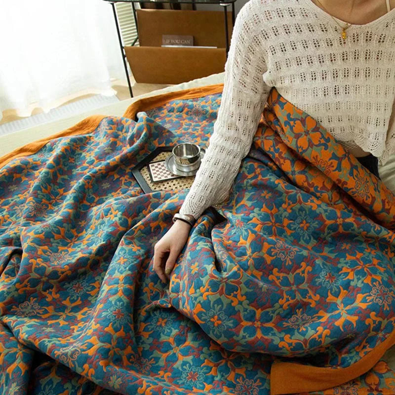 Terra Loom Six-Layer Cotton Quilt - Warm Orange & Blue Pattern