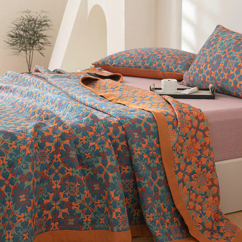 Terra Loom Six-Layer Cotton Quilt - Warm Orange & Blue Pattern