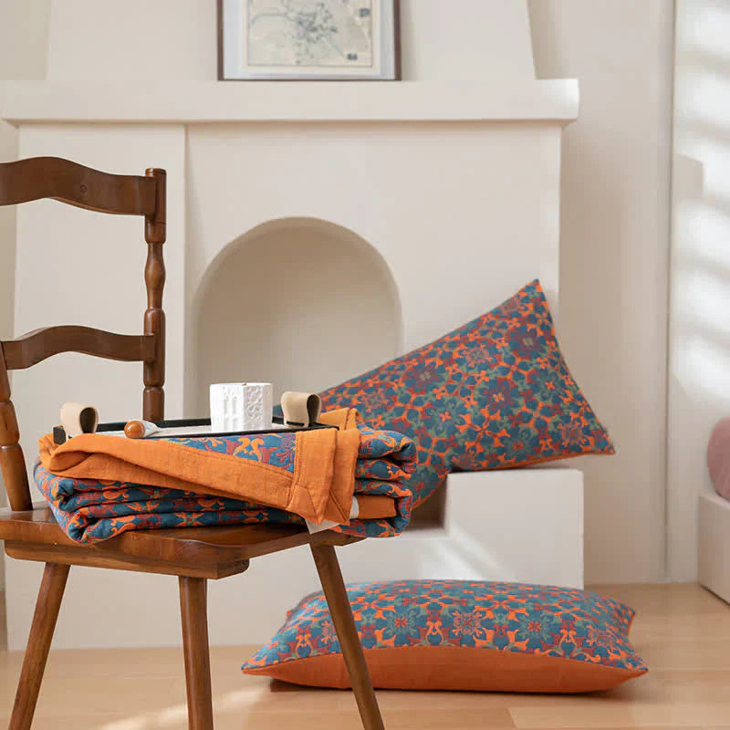 Terra Loom Six-Layer Cotton Quilt - Warm Orange & Blue Pattern
