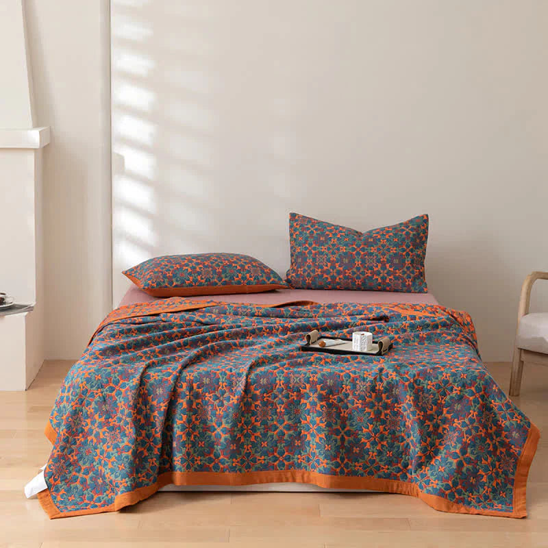 Terra Loom Six-Layer Cotton Quilt - Warm Orange & Blue Pattern