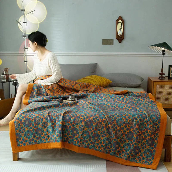 Terra Loom Six-Layer Cotton Quilt - Warm Orange & Blue Pattern