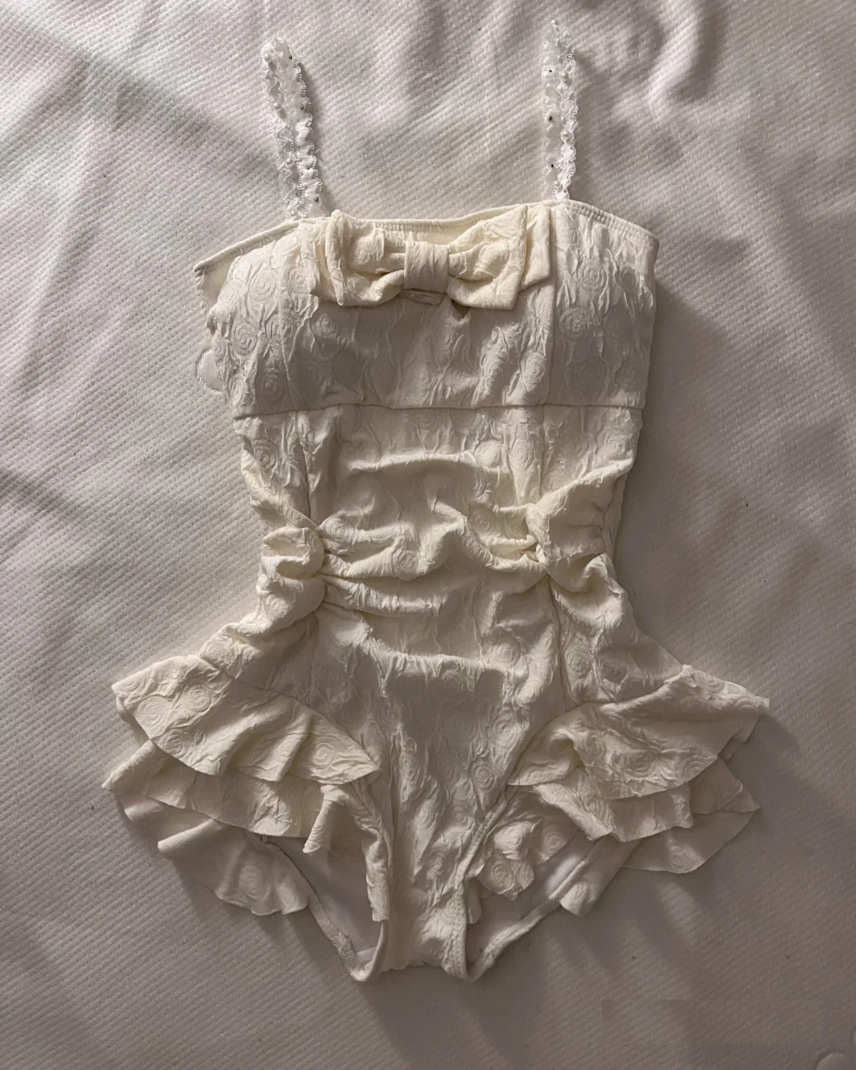Bow & Lace Trim One-Piece Swimsuit - Elegant Poolside Style