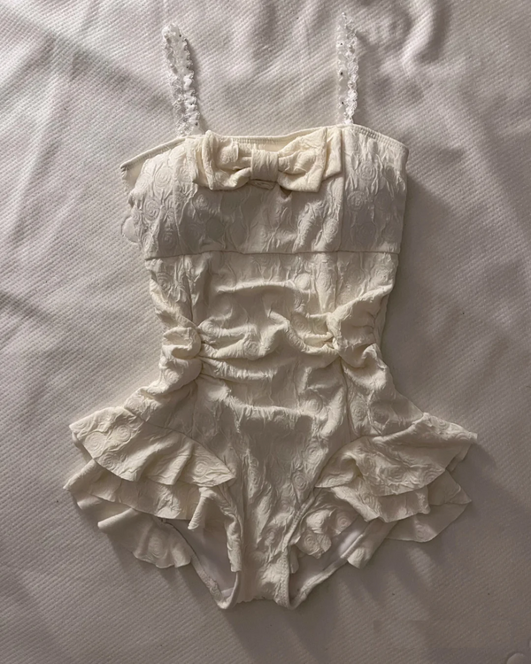 Bow & Lace Trim One-Piece Swimsuit - Elegant Poolside Style