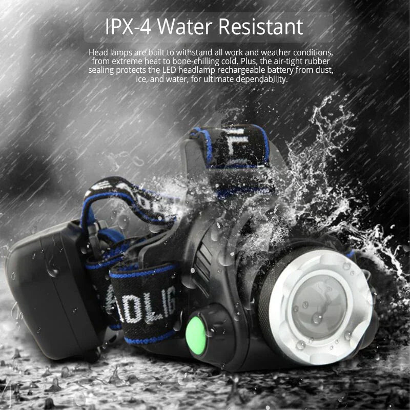 Waterproof LED Headlamp - Zoom Focus & Rechargeable Battery