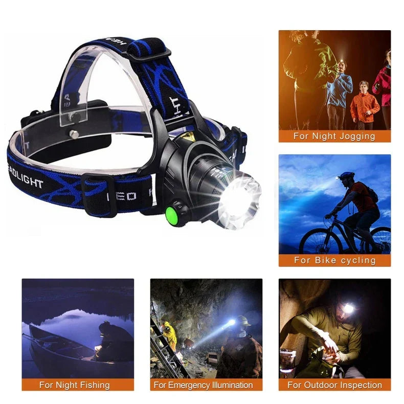 Waterproof LED Headlamp - Zoom Focus & Rechargeable Battery