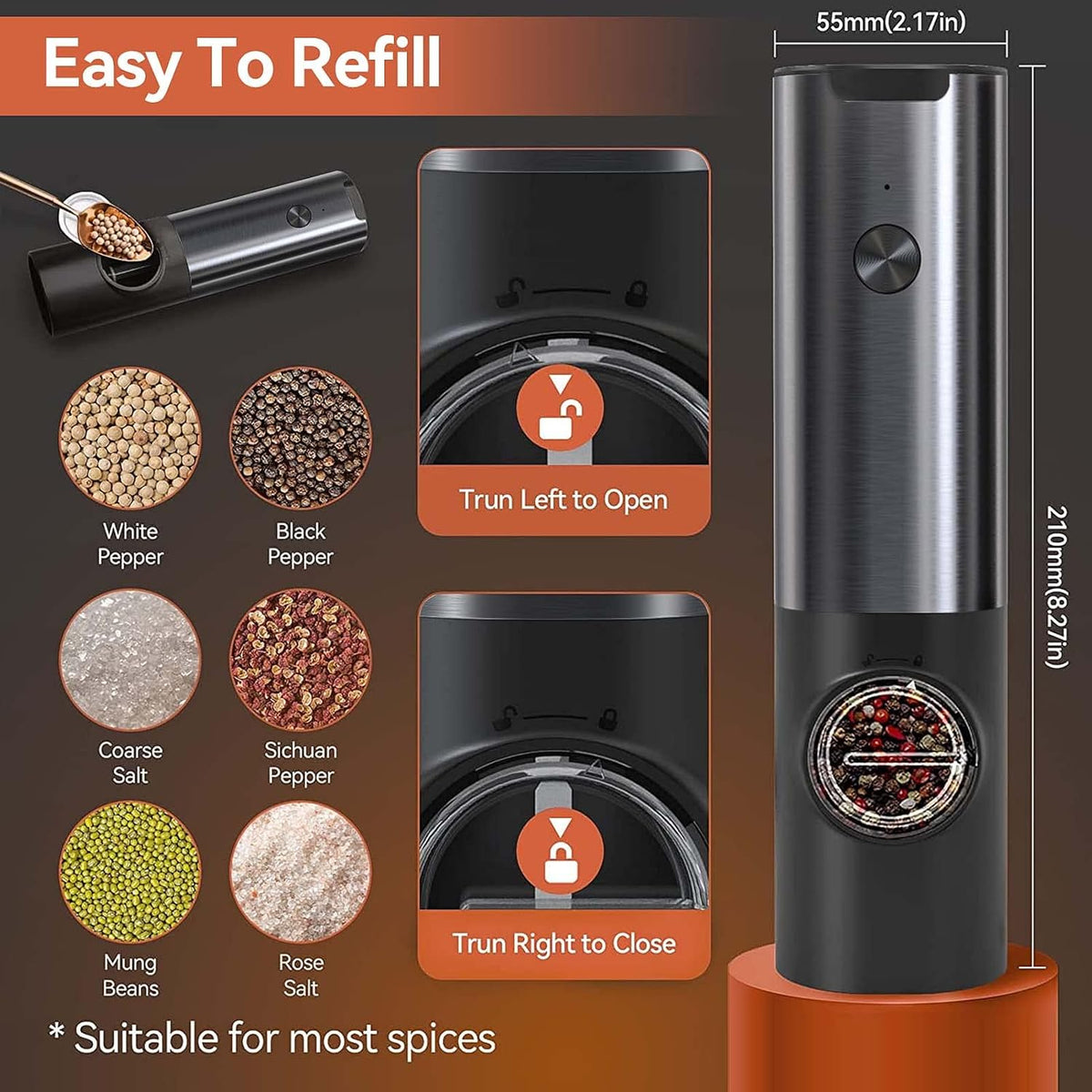Electric Salt & Pepper Mill Set - One-Handed Grinder with LED Light