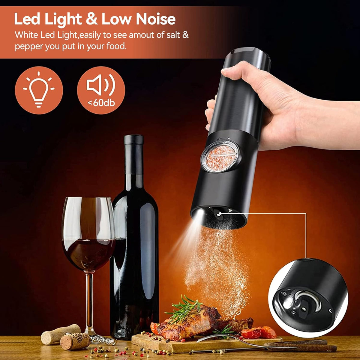 Electric Salt & Pepper Mill Set - One-Handed Grinder with LED Light
