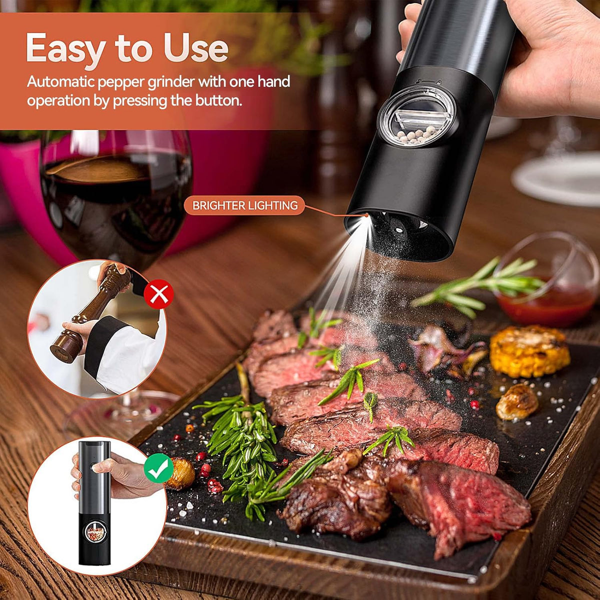 Electric Salt & Pepper Mill Set - One-Handed Grinder with LED Light