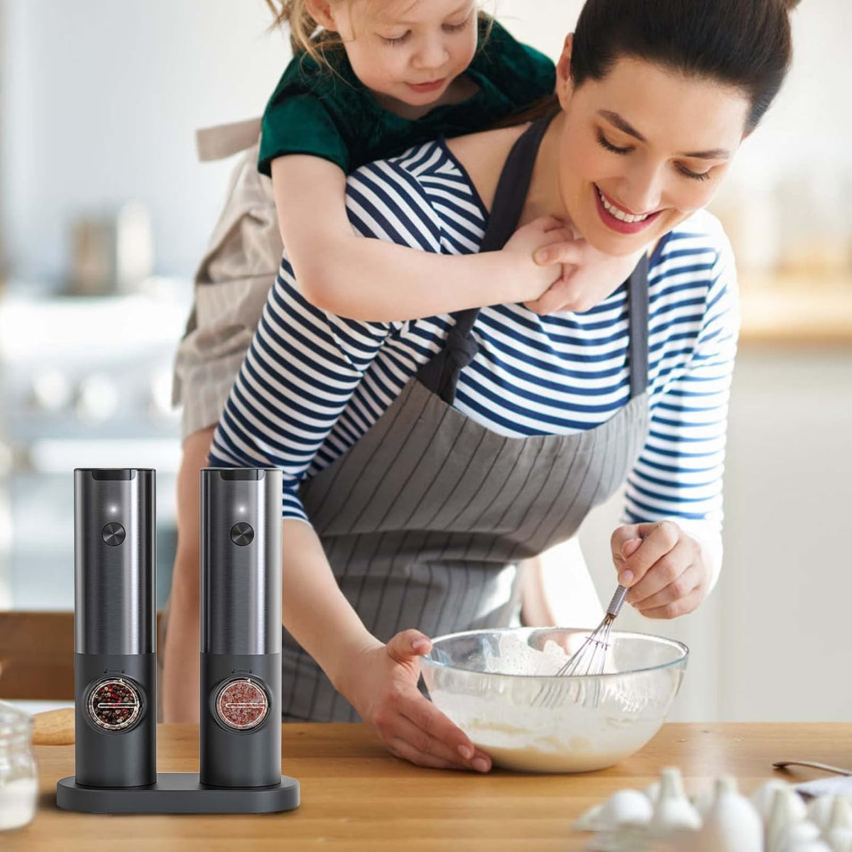 Electric Salt & Pepper Mill Set - One-Handed Grinder with LED Light
