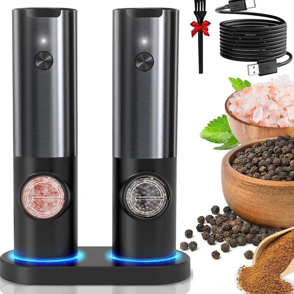 Electric Salt & Pepper Mill Set - One-Handed Grinder with LED Light