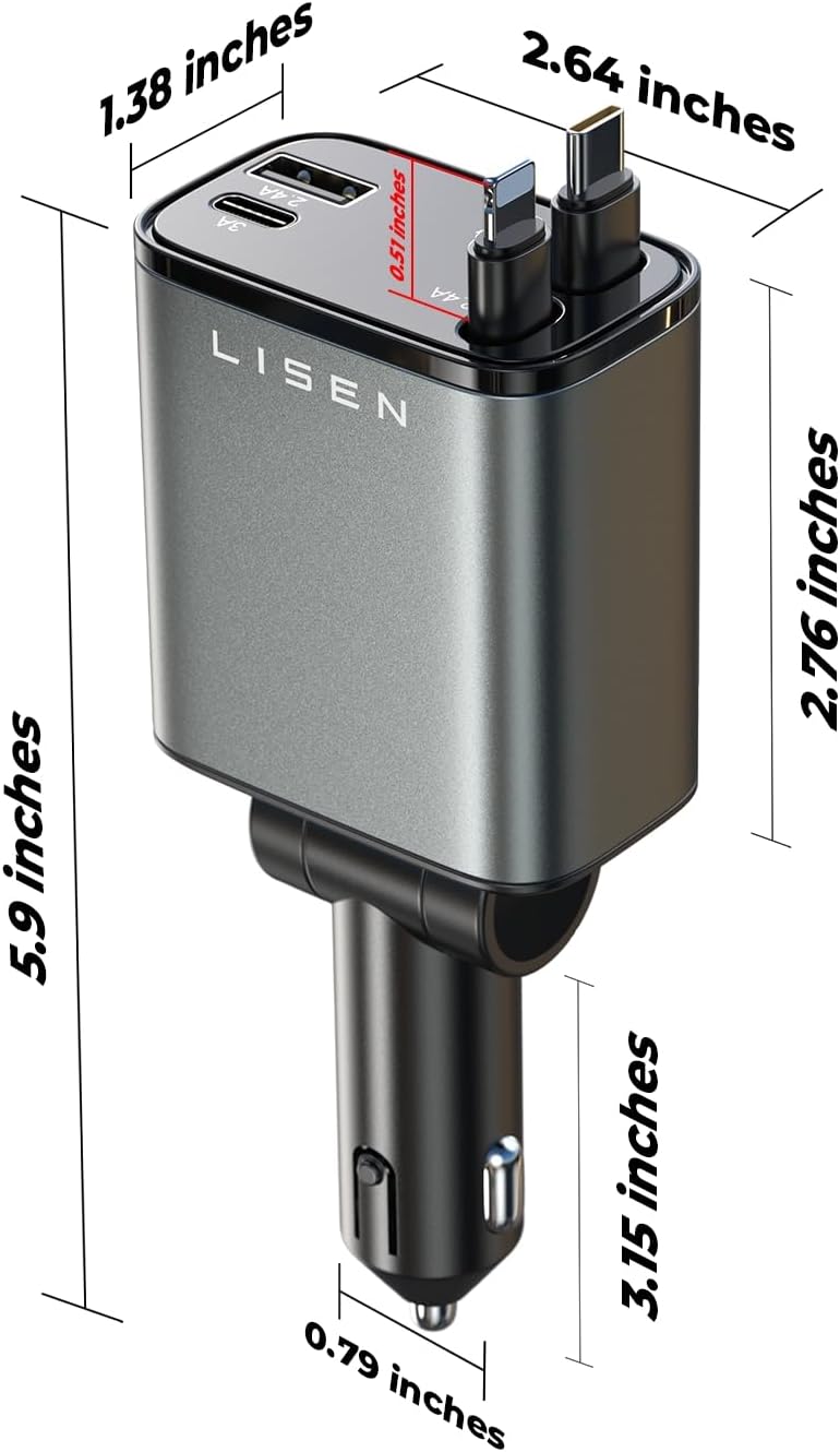 69W Retractable Car Charger - Fast USB-C Charging Cable