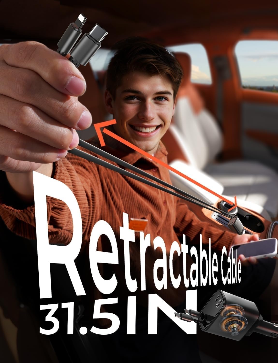 69W Retractable Car Charger - Fast USB-C Charging Cable
