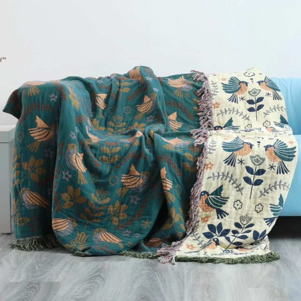 Nordic Nest Reversible Bird Blanket - Scandinavian Cotton Mesh Throw