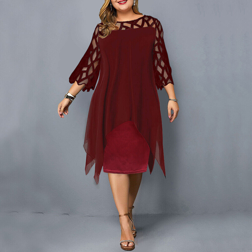 Elegant Plus-Size Midi Dress - Lace Sleeve Fall Style