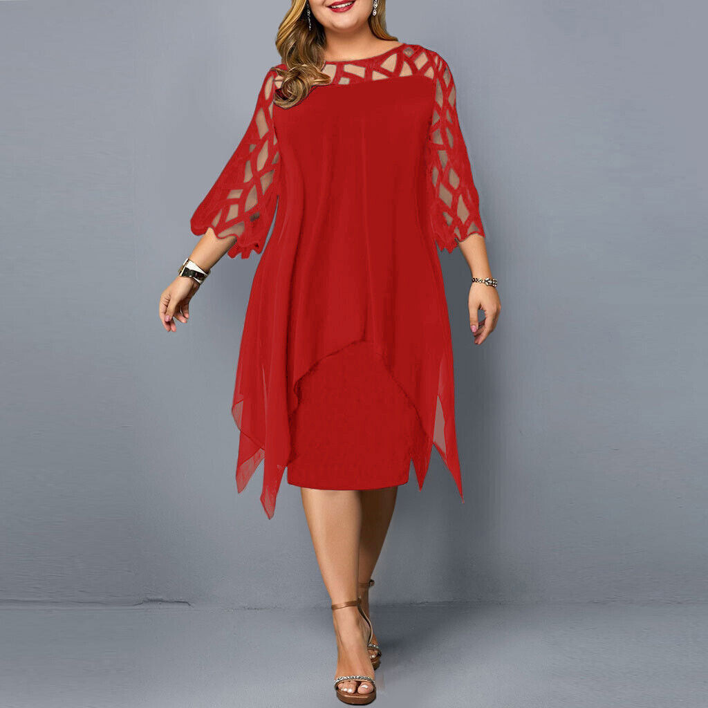 Elegant Plus-Size Midi Dress - Lace Sleeve Fall Style