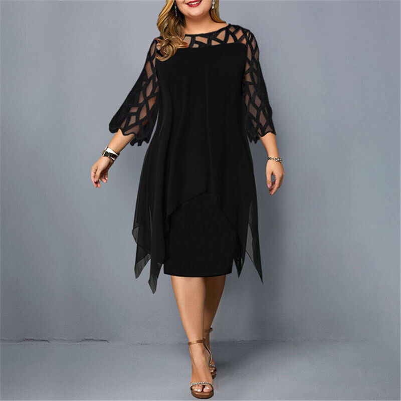 Elegant Plus-Size Midi Dress - Lace Sleeve Fall Style