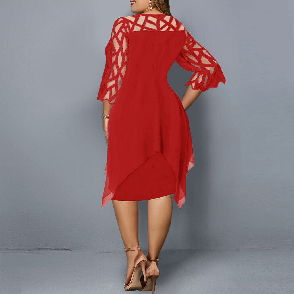 Elegant Plus-Size Midi Dress - Lace Sleeve Fall Style