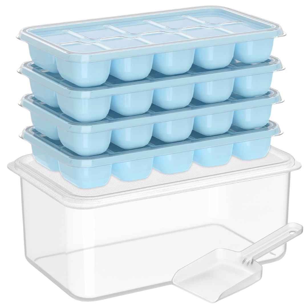 Stackable Silicone Ice Cube Trays - 4-Pack with Storage Bin