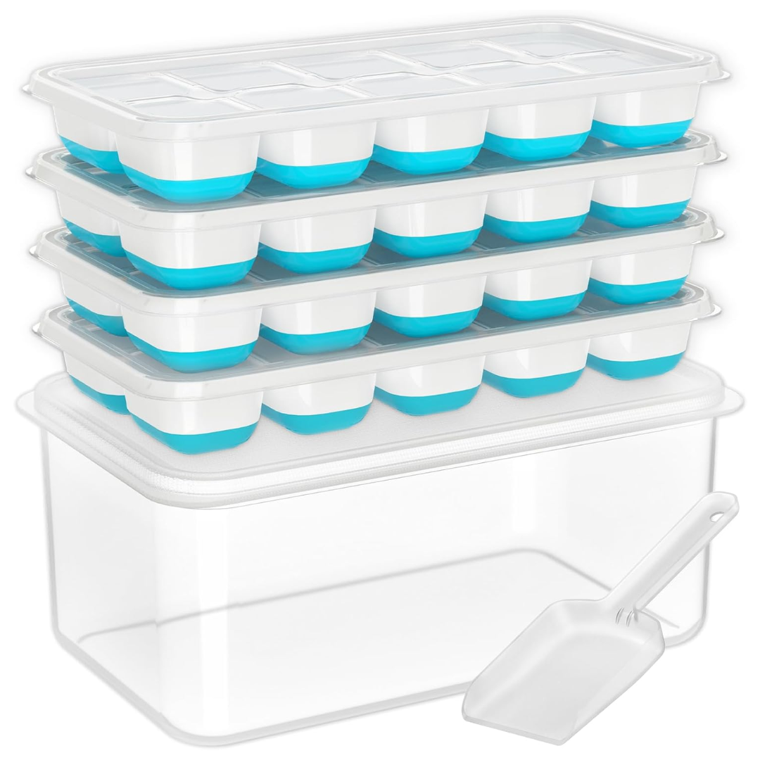 Stackable Silicone Ice Cube Trays - 4-Pack with Storage Bin